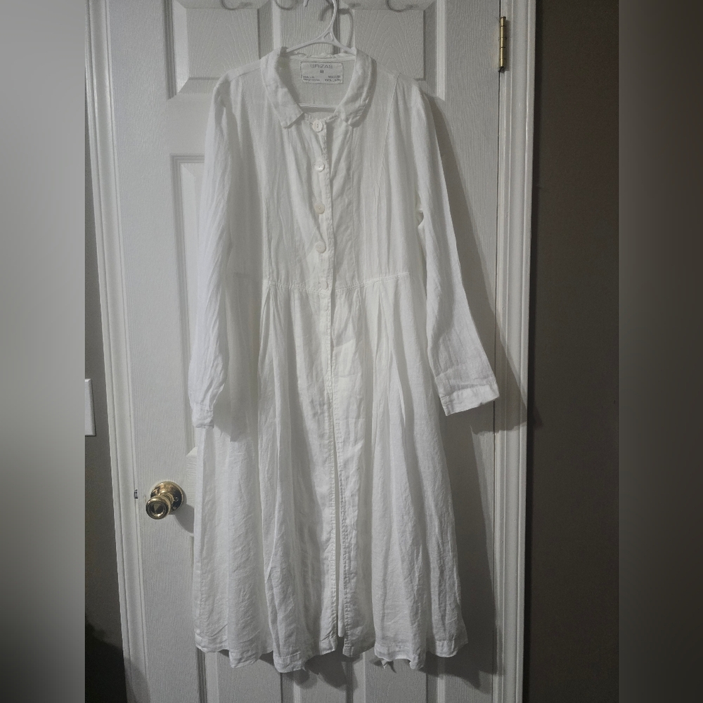 Grizas | White Washed Linen Long Sleeve Collared Maxi Duster/Shirt Dress, EUC!
